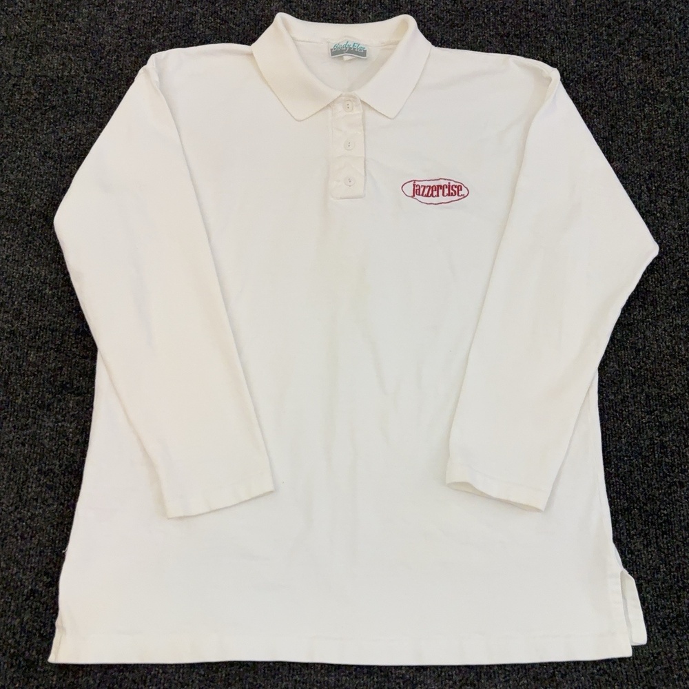 Vintage Body Flex Polo Shirt Womens One Size White Jazzercise Logo Long Sleeve